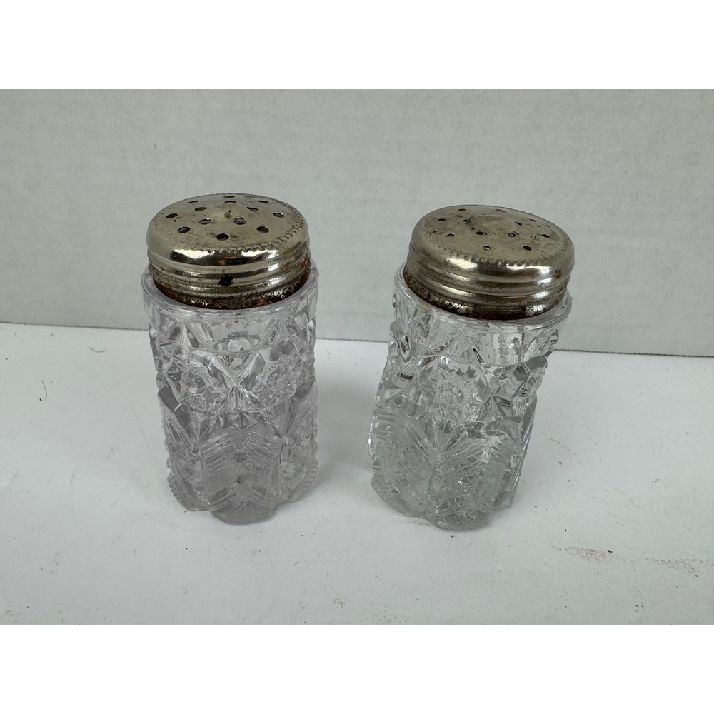 VTG Pressed Glass Salt and Pepper Shakers Starburst Pattern Metal Lid EAPG ABP
